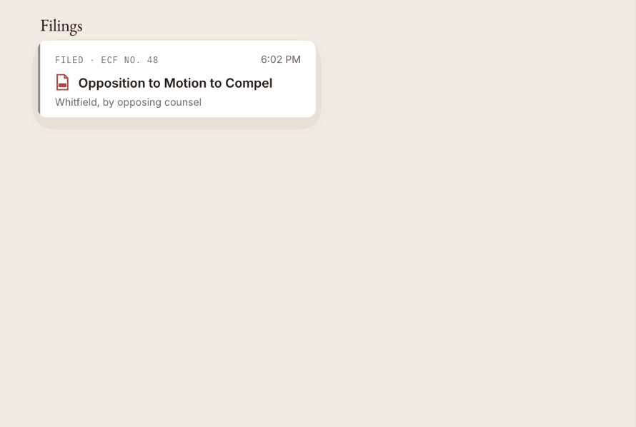 Opposing counsel's filing comes into the matter, and a response project is proposed for the team to confirm.