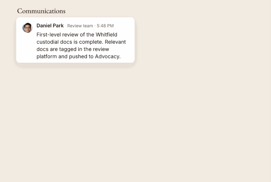 Documents are checked against the case, and contradictions with testimony are flagged for the team to confirm.